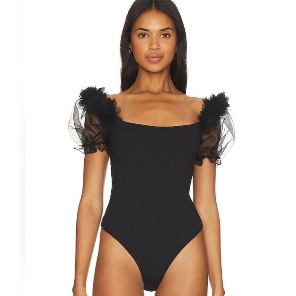 Free People Black Tulle Puff Sleeve Bodysuit Square Neck NWOT Snap Crotch Womens